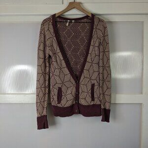 Frenchi Deep V Purple White Geometric Pattern Knit Cotton Cardigan Pockets Sz M